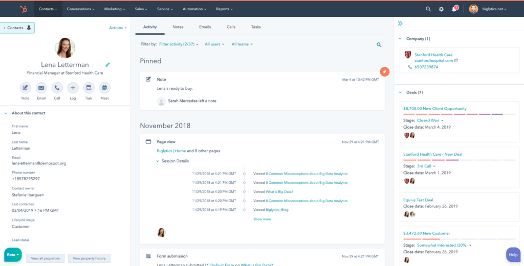 HubSpot Marketing Hub contact view